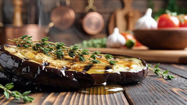 Glazed eggplant half with herbs and dripping sauce on rustic wood