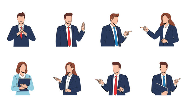 Professional businessmen and businesswomen characters in suits showing various hand gestures like pointing and presenting.