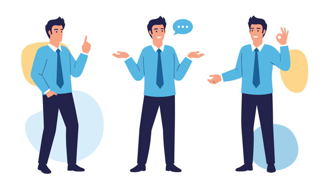 Professional businessman character in different poses showing various expressions like pointing, confusion, and approval.