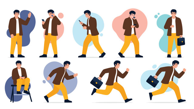 Dynamic character sheet of a man in brown jacket and yellow pants shown walking, running with a briefcase, and using a phone.