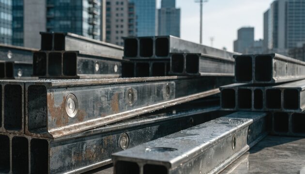 Medium shot of metal beams with embedded smart tags highlighting advanced RFID technology for precise inventory management in modern construction.