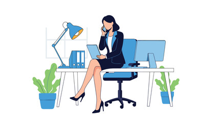 Fototapeta premium Confident businesswoman sitting on an office desk while talking on a smartphone and holding a tablet in a modern workspace.