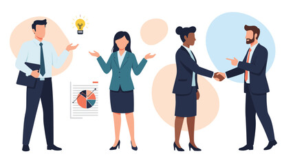 Obraz premium Professional business team members collaborating with ideas and data while finalizing a deal with a confident handshake.