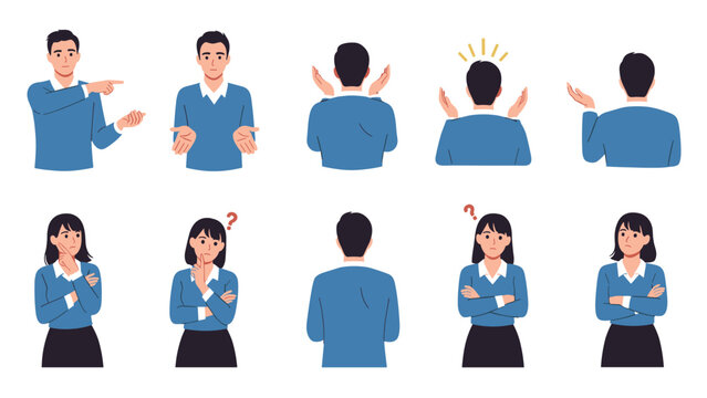 Diverse set of male and female characters expressing various body language and emotional reactions for concept use.