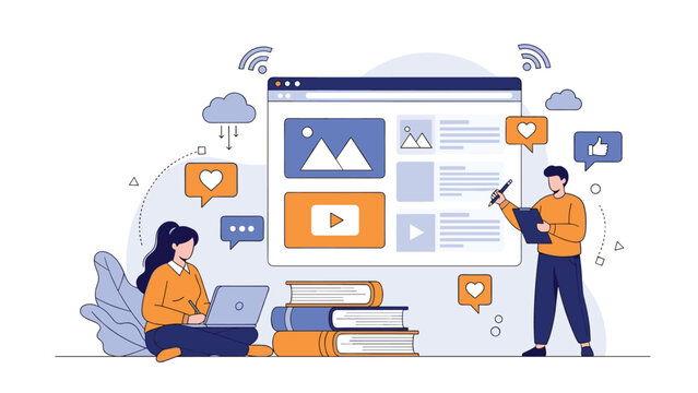 Creative team collaborating on website design and content creation with various digital marketing and social media icons.