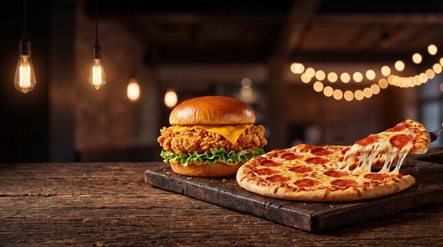 Delicious fast food with a chicken sandwich and a slice of pepperoni pizza on a wooden board indoors