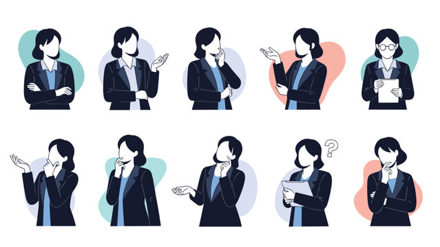 Set of various poses and expressions showing businesswoman in professional dark suit thinking, presenting, and holding tablet.