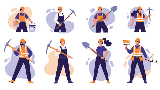 Collection of male and female construction workers in safety vests and helmets using tools like pickaxes, shovels, and paint.