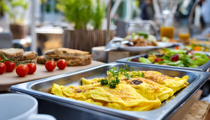 Obraz premium Breakfast Buffet in Luxury Hotel with Stuffed Omelette. Healthy food in outdoor cafe. Concept of a delicious and nutritious morning meal.