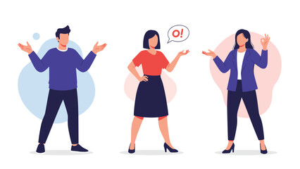 Obraz premium Group of three young people in casual and professional attire express a variety of emotions through gestures and speech.