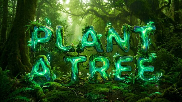 Luminescent green inflatable letters spelling plant a tree emerge from a vibrant lush dark rainforest floor, glowing brightly.