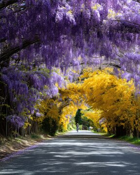 Scenic pathway under wisteria and laburnum arch with cyclist