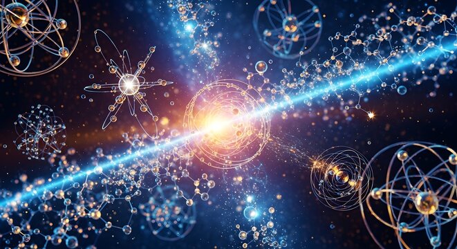 Vibrant cosmic scene with glowing atoms and energy beam in space.