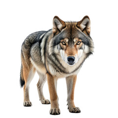 Obraz premium A stately wolf stands alert, its gaze piercing and coat multi-toned