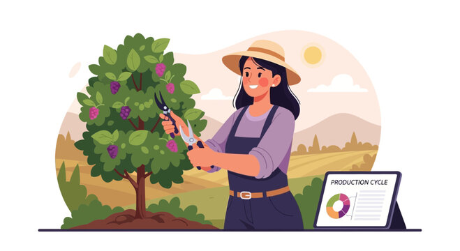 Woman farmer pruning fruit tree with shears.
