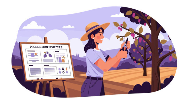 Woman farmer tending to fruit trees with production schedule.