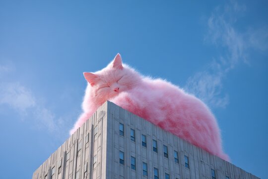 Gigantic fluffy cat relaxing atop skyscraper with clear blue sky
