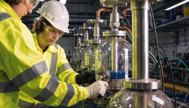 Medium shot showcasing workers adjusting controls on lowcarbon inert anode pilot cells emphasizing handson processes aimed at minimizing carbon footprint in metal production.