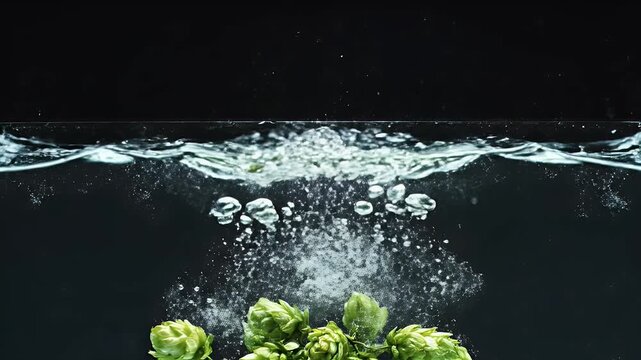 Fresh green hops falling into water creating splash