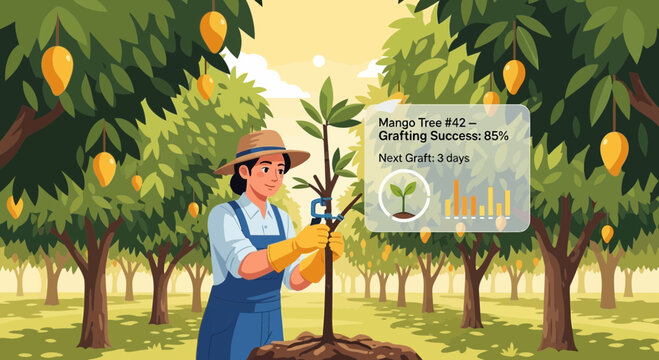 Farmer grafting a young mango tree with expertise and care.