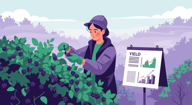 Farmer harvesting blueberries and analyzing yield data.