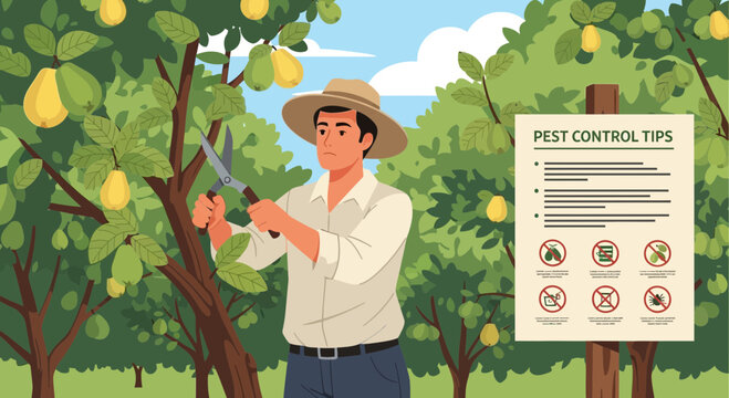 Farmer tending to fruit trees with pest control information.