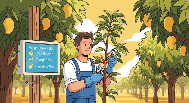 Farmer tending to mango trees with smart technology.