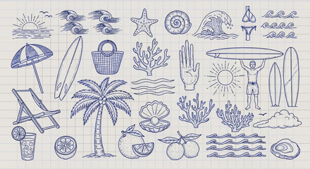 Beach and summer vacation themed illustrations and icons © Ashok