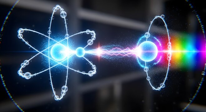 Atomic structure with electron transition and emission spectrum.