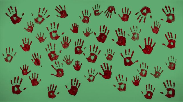 Bloody Handprints Multiplying on Green Screen