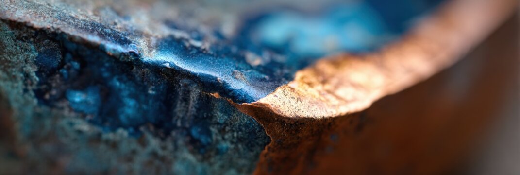 Close-up of rusted metal surface with blue oxidation detail