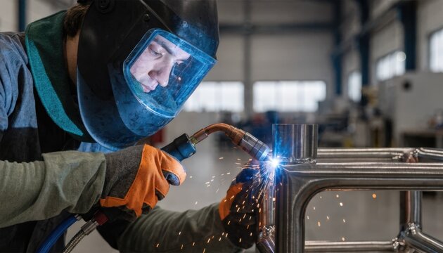 Technician using TIG welding to carefully fuse stainless steel frames precise torch control illuminating a clean factory environment.