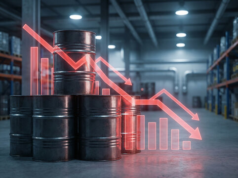 Oil barrels in an industrial warehouse with a glowing red downward-trending arrow and bar graph illustrating a significant decline in prices or demand, symbolizing an economic downturn or ma