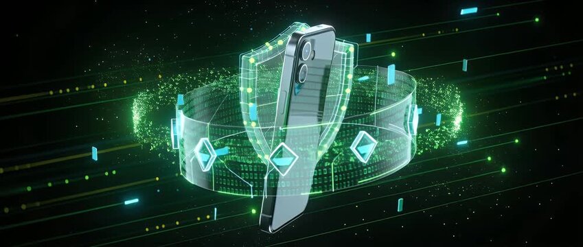 Cyber security concept featuring smartphone with glowing digital shield protecting data and secure communication in futuristic technology environment illustrating advanced cyber protection
