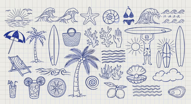 Beach vacation illustrations and icons set