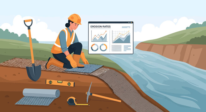 Construction worker installing erosion control measures by river bank.