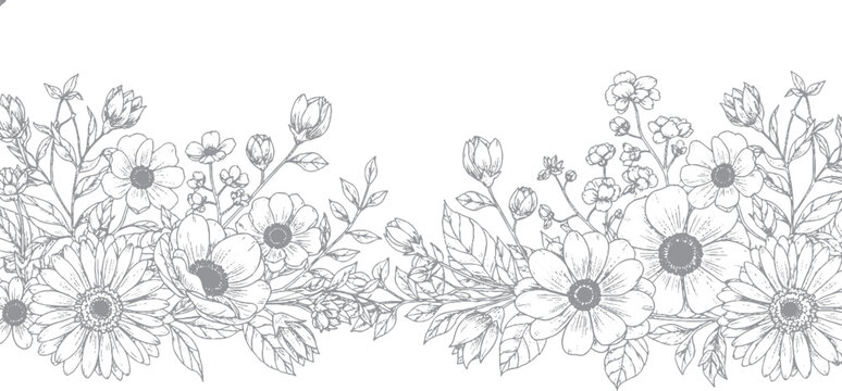Decorative hand-drawn floral border illustration featuring poppies and assorted foliage in a sketch style with black and white