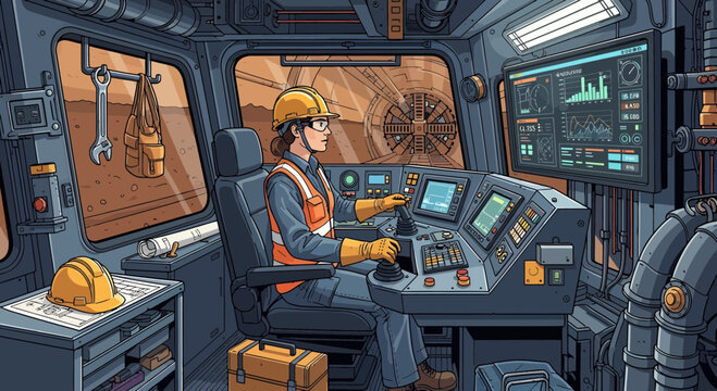 Female operator in mining vehicle controls complex machinery.