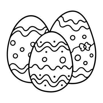 A minimalist vector illustration of three decorated Easter eggs in a simple line art style
