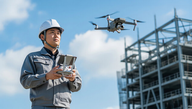 青空の建設現場でドローンを操縦し空撮・点検を行う日本人男性