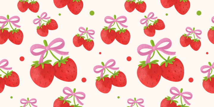 Seamless pattern with bows, cherry, strawberry, orange, bluberry, apple background. Set of icons in simple watercolor drawing style.Seamless pattern.Organic food