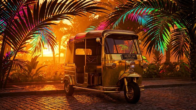 A striking golden three-wheeled auto rickshaw sits parked on a cobblestone street bathed in vibrant tropical sunset light