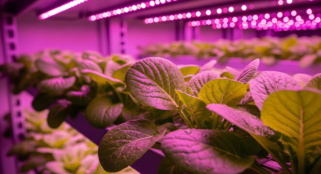 Hydroponic Plant Leaves Under Pink Grow Lights