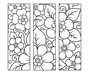 Printable bookmark for book - coloring. Set of black and white labels with flower patterns, hand draw in mehndi style. Sketch of ornaments for creativity of children and adults with colored pencils. © Katikam