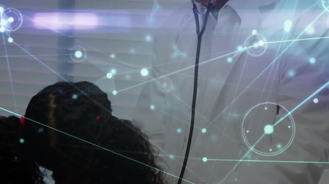 Doctor putting stethoscope to ears placing on girl's chest listening medical overlay mapping lungs