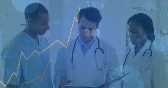 Center doc pointing clipboard team reviewing clinic data animated charts aligning with gestures