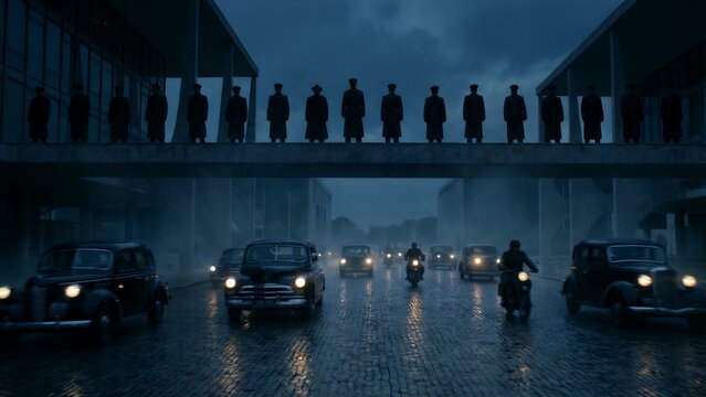 Eerie formation of uniformed figures watches from a concrete bridge as a motorcade of vintage cars and motorcycles passes below on a wet cobblestone street.