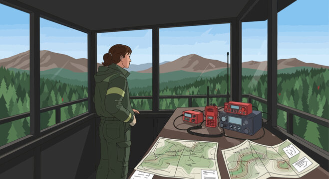 Woman in forest fire lookout tower observing landscape.