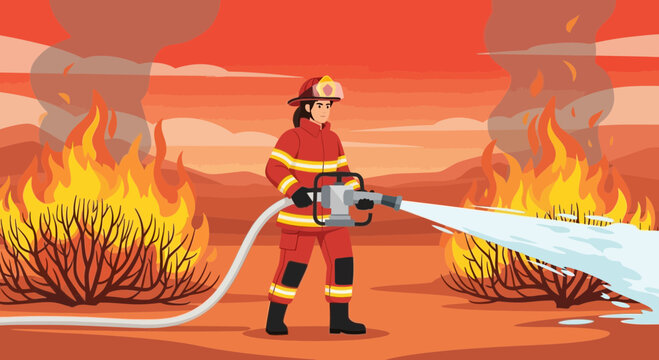 Firefighter bravely battling intense wildfire with hose.