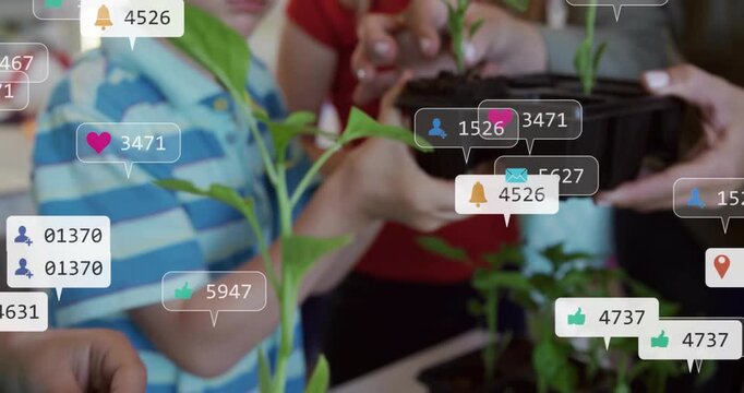 Child holding seedling starting education, putting roots into tray while badges popping over scene